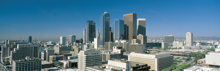 This is a view of the Los Angeles skyline in morning light.
