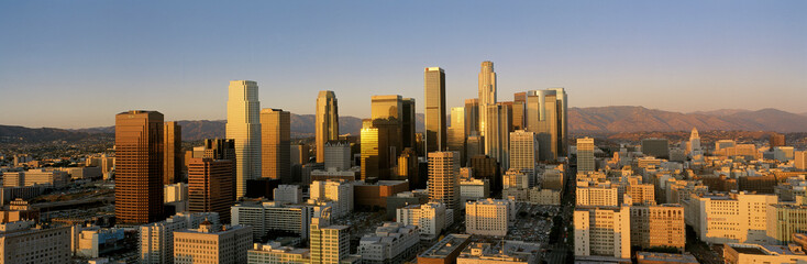 This is a view of the Los Angeles skyline at sunset.