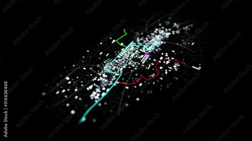 Poster 3d rendering city map with gps navigator and different color route waypoint over the dark background