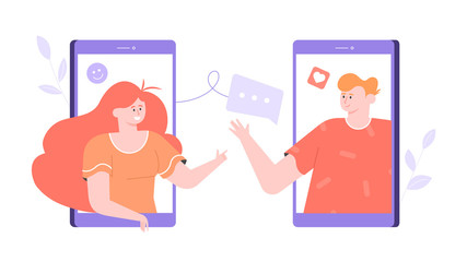 The guy and the girl chat in the messenger online. Communication through a mobile application, dating service, exchange of comments. Vector flat illustration with bright trendy characters.