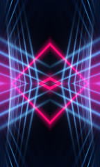 Dark neon background with lines and rays. Blue and pink neon. Abstract futuristic background. Night scene with neon, light reflection.
