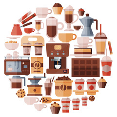 Big set of coffee equipment vector illustration. Coffee maker, mill, coffee machine and cezve. Cappuccino, espresso and mocha drinks to go. Cafe, shop icon set with pastry and bakery