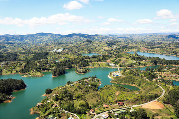 View of the lake landscapes of Guatape seen from Piedra del Peñol 