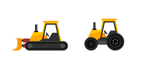 Tractor icon isolated on white, Set of Vector yellow farm and industrial Trucks.