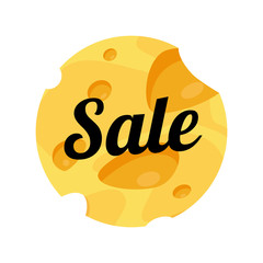 Cheese Sale label round shape on white background. Vector illustration of Holed Maasdam Cheese with caption for Sale.