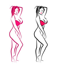 Nude Pin up Girl in swimsuit, Vector Illustration in pink color for Cosmetic saloon, Bra Store or Sex Shop.