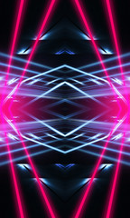 Naklejka na ściany i meble Dark neon background with lines and rays. Blue and pink neon. Abstract futuristic background. Night scene with neon, light reflection.