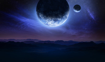 Dark blue space art with landscape and planets in the sky. Mountains and clouds. Elements of this image furnished by NASA