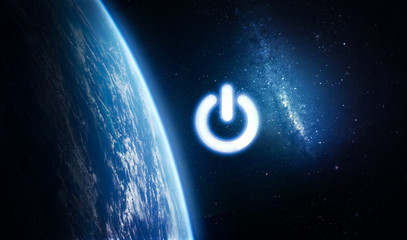 Planet Earth and power button. Earth hour event. Ecology. Elements of this image furnished by NASA