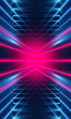 Dark neon background with lines and rays. Blue and pink neon. Abstract futuristic background. Night scene with neon, light reflection.