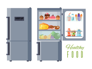 Refrigerator door closed and opened concept. Fridge closed and opened with food vector illustration.