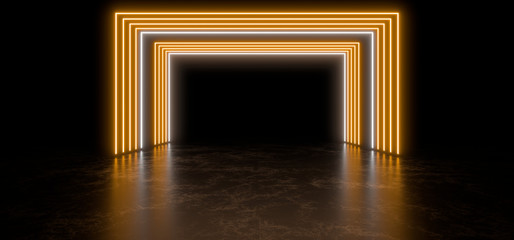Beautiful composition of white neon lights on a black background. 3d rendering image. © Andrey Shtepa