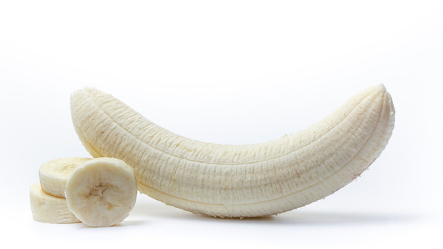 Peeled And Sliced Banana On A White Background