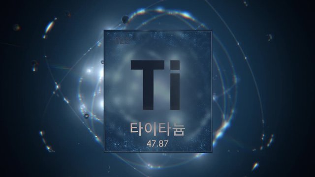 Titanium as Element 22 of the Periodic Table. Seamlessly looping 3D animation on blue illuminated atom design background orbiting electrons name, atomic weight element number in Korean language