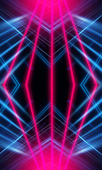 Dark neon background with lines and rays. Blue and pink neon. Abstract futuristic background. Night scene with neon, light reflection.