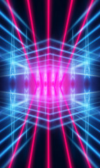 Dark neon background with lines and rays. Blue and pink neon. Abstract futuristic background. Night scene with neon, light reflection.