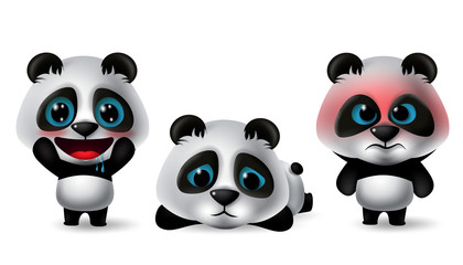 Pandas character vector set. Panda characters 3d avatar in different pose and expressions in hungry, sad, angry, lying, excited and standing isolated in white background. Vector illustration. © Zeinous