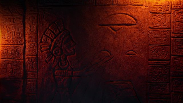 Aliens And Aztec Man Stone Relief Art In Firelight