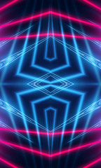Dark neon background with lines and rays. Blue and pink neon. Abstract futuristic background. Night scene with neon, light reflection.