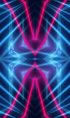 Dark neon background with lines and rays. Blue and pink neon. Abstract futuristic background. Night scene with neon, light reflection.