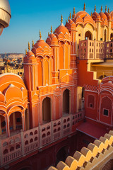 An aerial view on the street in front of the Hawa Mahal also known as the Palace of the Winds in the pink city of Jaipur in Rajasthan
