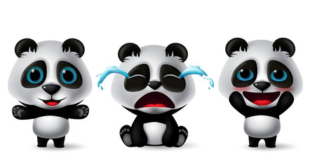 Panda characters vector set. Pandas animal character in cute, crying, blissful, happy, standing and sitting pose and expressions isolated in white background. Vector illustration. 