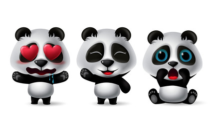 Panda bear character vector set. Pandas animal character in crying, happy, surprise, standing, sitting and in love facial expressions isolated in white background. Vector illustration.   