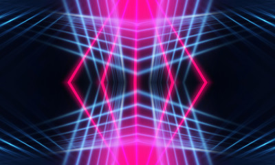 Obraz premium Dark abstract futuristic background. Neon lines glow. Neon lines, shapes. Multi-colored glow, blurry lights, bokeh. Empty stage background
