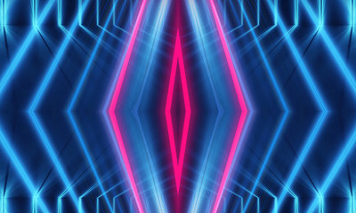 Dark abstract futuristic background. Neon lines glow. Neon lines, shapes. Multi-colored glow, blurry lights, bokeh. Empty stage background
