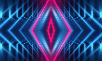 Dark abstract futuristic background. Neon lines glow. Neon lines, shapes. Multi-colored glow, blurry lights, bokeh. Empty stage background