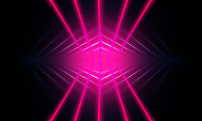 Dark abstract futuristic background. Neon lines glow. Neon lines, shapes. Multi-colored glow, blurry lights, bokeh. Empty stage background