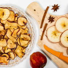 Baked Cinnamon Red Apple Chips. Selective focus.