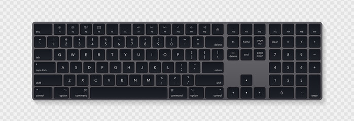 Modern grey laptop bluetooth keyboard isolated on transparent background. Minimalistic keyboard with black buttons. Vector illustration