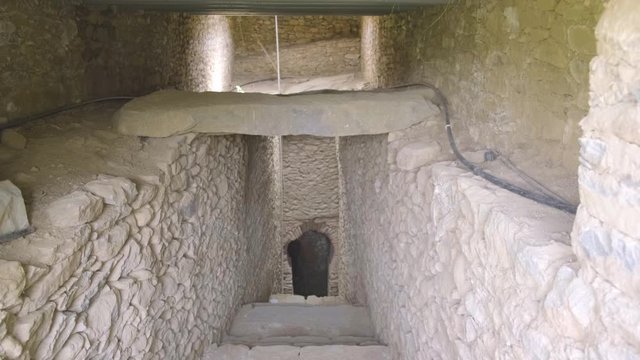 Tilt down view entrance hall steps inside the Tomb of the Brick Arches at the Northern Stelae Field in Aksum, Ethiopia