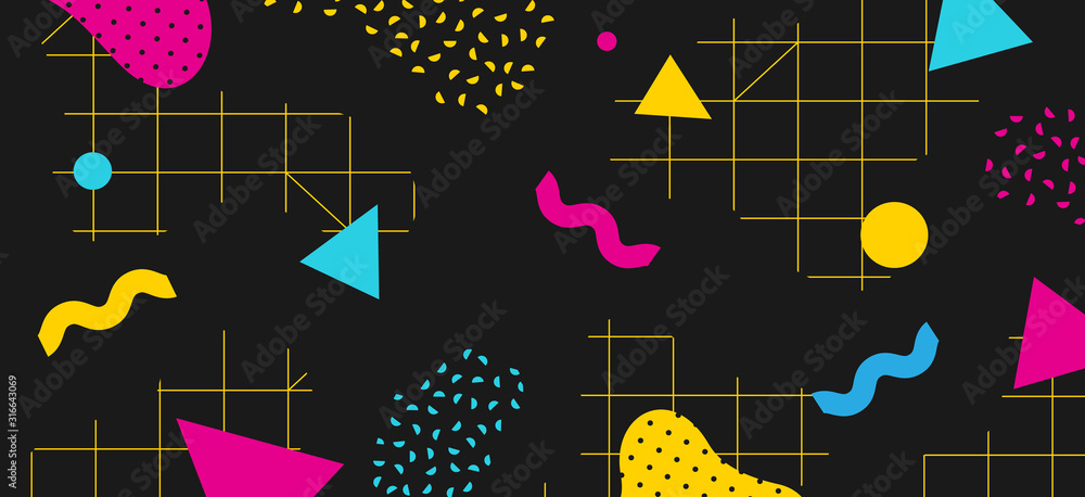 Wall mural background in the style of the 80s with multicolored geometric shapes on the black background. illus