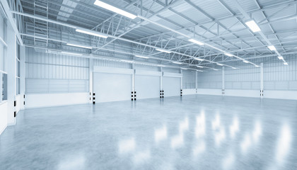 Roller door or roller shutter inside factory, warehouse or industrial building. Modern interior design with polished concrete floor and empty space for product display, industry background. 3d render.