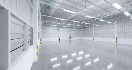 Roller door or roller shutter inside factory, warehouse or industrial building. Modern interior design with polished concrete floor and empty space for product display, industry background. 3d render.