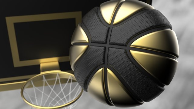 Black-Gold Basketball with dark brown toned foggy smoke blur background. 3D sketch design and illustration. 3D high quality rendering.