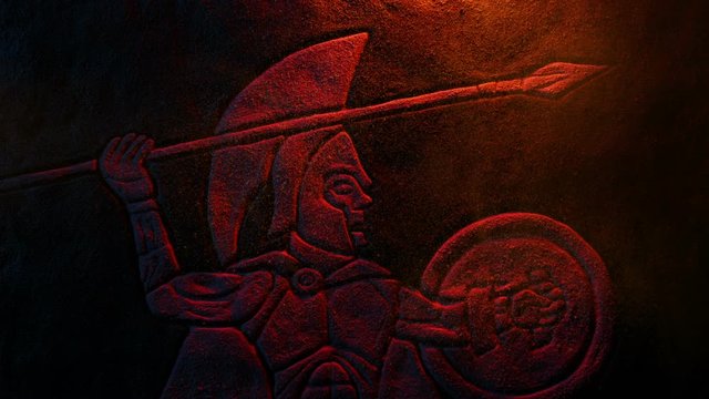 Spartan Soldier Stone Carving Lit Up With Dust