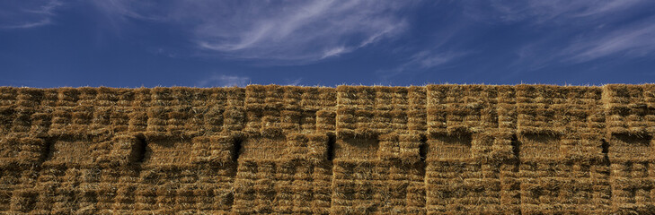 These are rectangular hay stacks piled up against a blue sky.