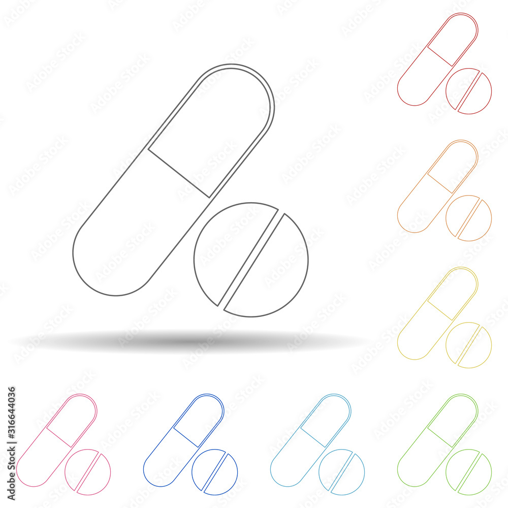 Poster colored medicine pills in multi color style icon. simple thin line, outline vector of web icons for 