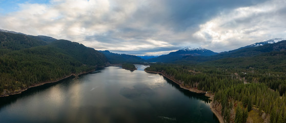 Aerial Panoramic View of Daisy Lake and Sea to Sky Highway in the Canadian Mountain Landscape. Taken near Whistler and Squamish, North of Vancouver, BC, Canada.