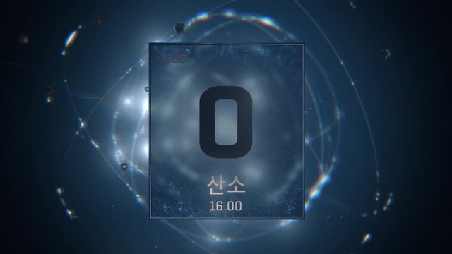 Oxygen as Element 8 of the Periodic Table. Seamlessly looping 3D animation on blue illuminated atom design background orbiting electrons name, atomic weight element number in Korean language