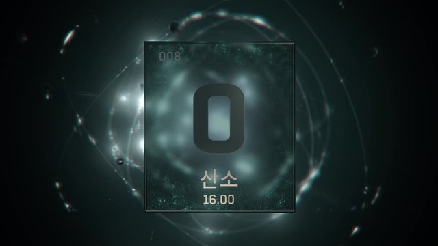 Oxygen as Element 8 of the Periodic Table. Seamlessly looping 3D animation on green illuminated atom design background orbiting electrons name, atomic weight element number in Korean language