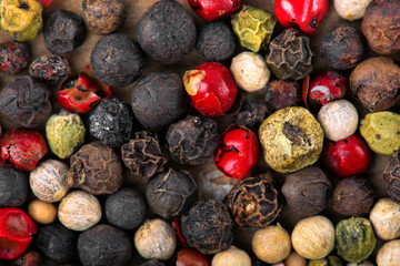 Closeup of mixed pepper background. Top view.
