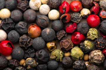 Closeup of mixed pepper background. Top view.