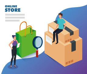 online store with people and icons vector illustration design