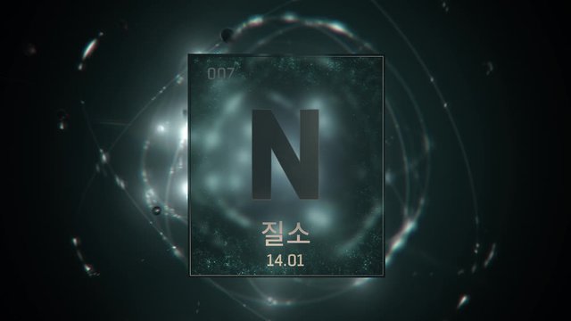 Nitrogen as Element 7 of the Periodic Table. Seamlessly looping 3D animation on green illuminated atom design background orbiting electrons name, atomic weight element number in Korean language