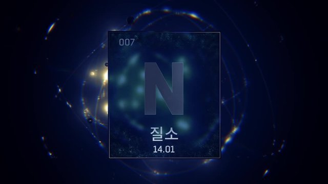 Nitrogen as Element 7 of the Periodic Table. Seamlessly looping 3D animation on blue illuminated atom design background orbiting electrons name, atomic weight element number in Korean language