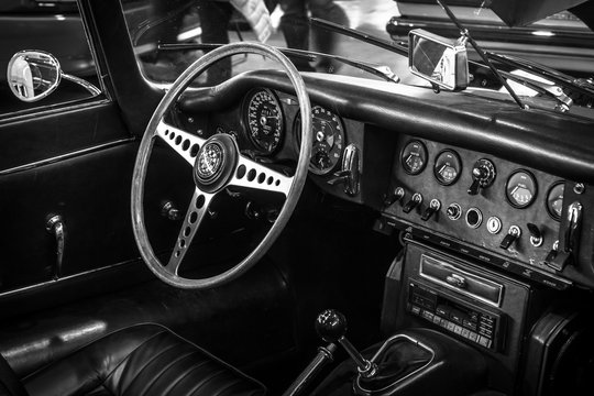 STUTTGART, GERMANY - MARCH 18, 2016: Cabin of sports car Jaguar E-Type 4.2 Serie I roadster, 1967. Black and white. Europe's greatest classic car exhibition "RETRO CLASSICS"